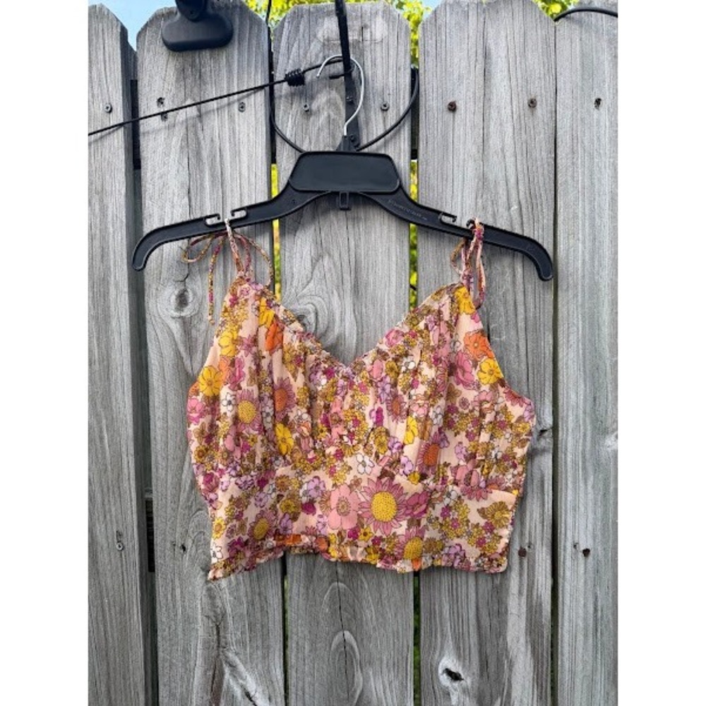 70s Boho Festival Patrons of Peace Floral Crop Top Womens Medium Pink Orange